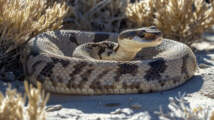 Obraz premium A coiled snake resting in sandy terrain amongst dry brush