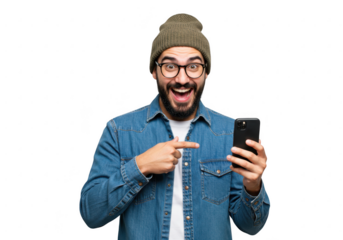 Excited man pointing at smartphone isolated on transparent background