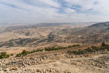 Arid landscape in Jordan seen from the summit of Mount Nebo