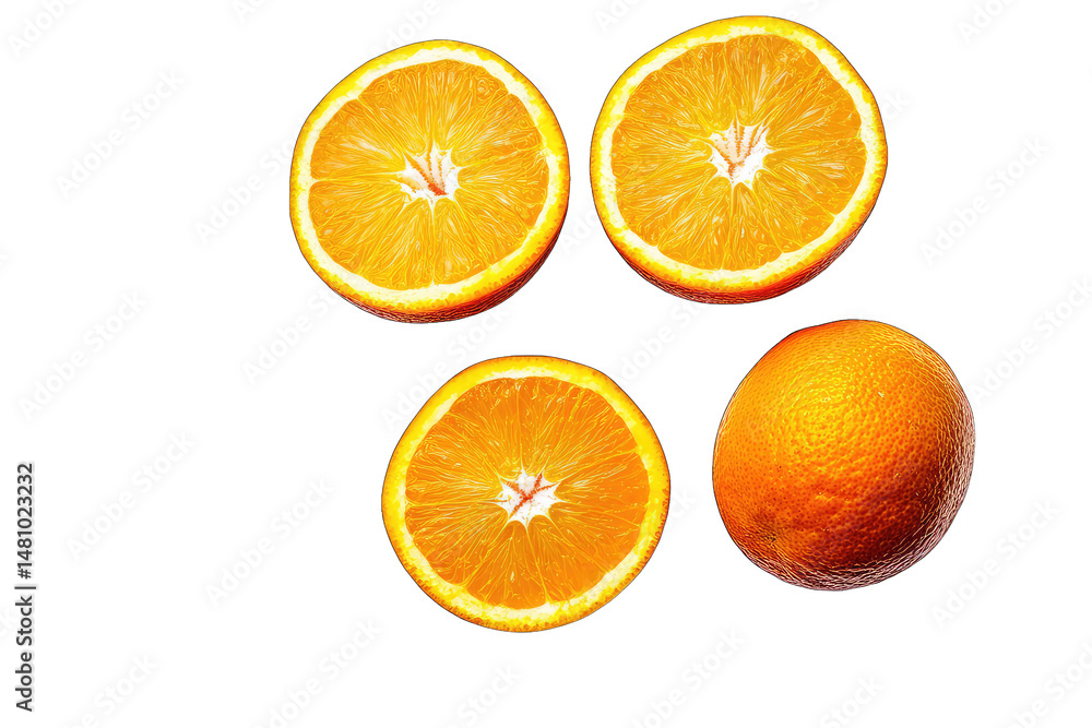 Poster four oranges three sliced in half one whole on a transparent background