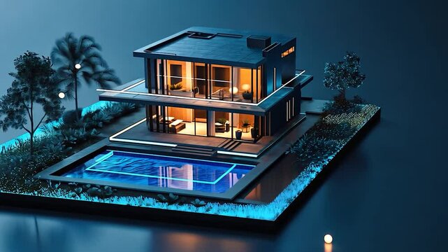 Modern home model, illuminated at night.