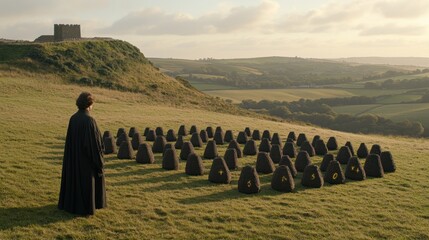Person contemplating cone shaped objects in a vast field under sunlight