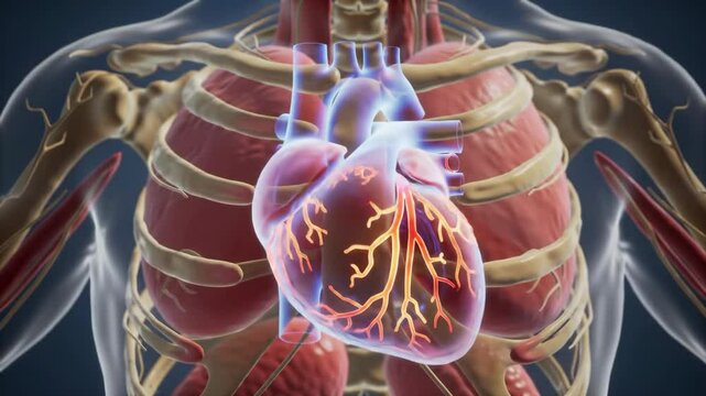 3D animated human heart beating with fire inside transparent ribcage showing vascular system on medical background