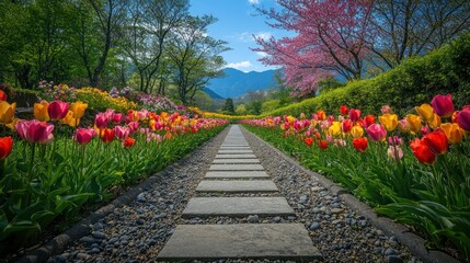 A paved path through a vibrant flower garden under a clear sky