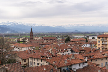 Obraz premium Aerial panoramic view of the town of Saluzzo, one of the medieval villages in Piedmont, province of Cuneo,Italy.