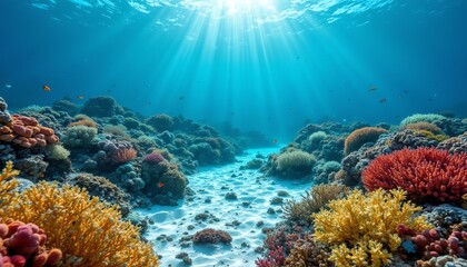 Naklejka premium Vibrant coral reef with sunlight filtering through.