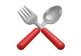 Crossed fork and spoon with red handles isolated on transparent background