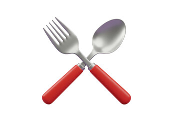 Crossed fork and spoon with red handles isolated on transparent background
