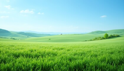 Fototapeta premium Vast green fields under a clear blue sky.
