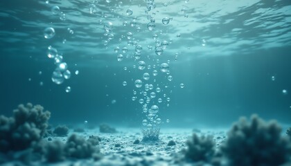 Bubbles rising in serene underwater scene.