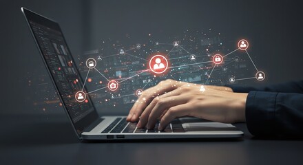 Typing on laptop with social network concept