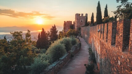 Ancient castle walls at sunset panoramic city view