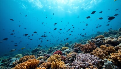 Obraz premium Vibrant coral reef teeming with diverse marine life.