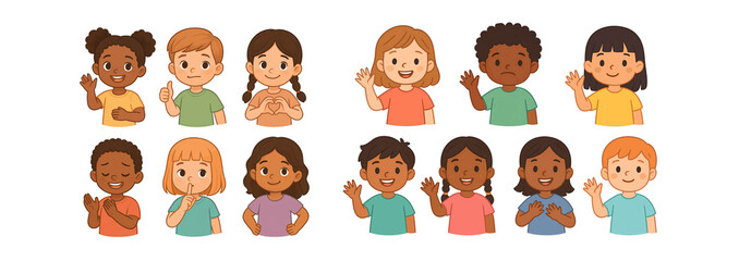 Collection of diverse children making friendly hand gestures, transparent background.
