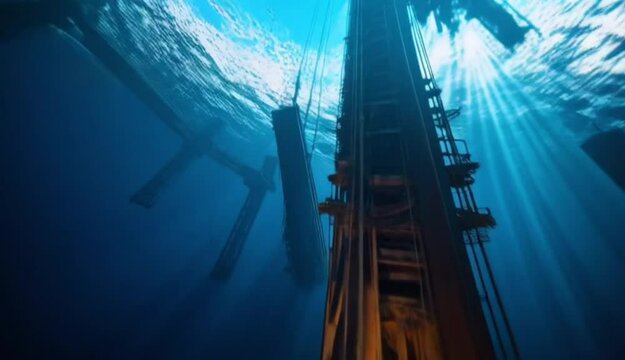 In the twilight depths of the ocean, a group of professional underwater welders works with laser precision on a towering subsea pipeline. 