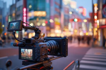 Professional camera setup captures a dynamic urban cityscape scene at dusk.