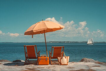 Relaxing beach scene with chairs, umbrella, and a sailboat sailing across the ocean under a clear sky.