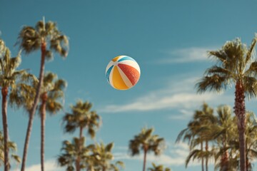 Beach ball flying among palm trees, under a bright, clear, sunny sky.