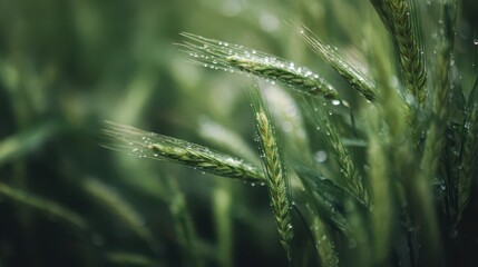 Beautiful, fresh green grass with water droplets in close-up, blurred background