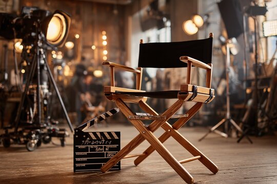 Director's chair with a clapperboard on a film set, preparing for the next shot.
