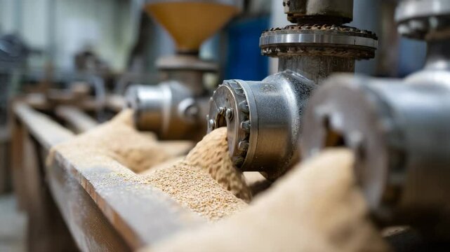 A close-up view of advanced milling machinery in action, efficiently processing grains and producing fine flour, representing the intersection of technology and agriculture.