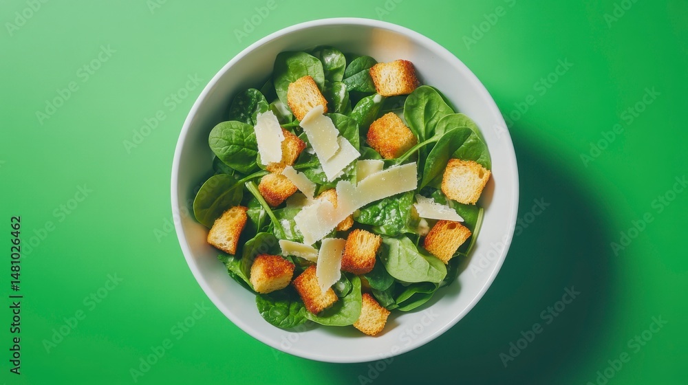 Aufkleber overhead view of a fresh spinach salad with croutons and parmesan cheese in a white bowl on a green 