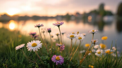 Colorful daisies in the foreground with a blurred lake and green grass at sunset