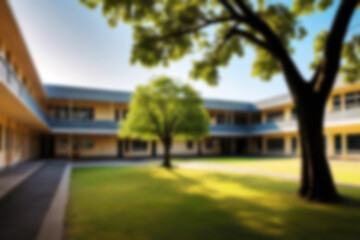 Fototapeta premium blurry school yard, school with many trees around the yard, sunlight shines on the yard, sunny weather blurry background