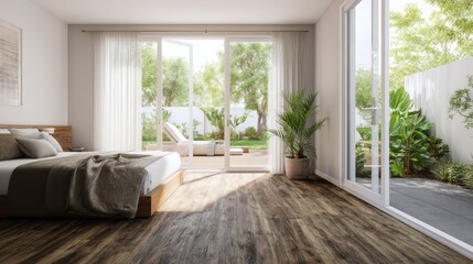 Fototapeta premium Hardwood floor in the bedroom with white walls and large windows, a plant on the side of it