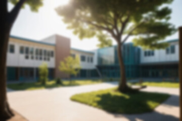 Fototapeta premium blurry school yard, school with many trees around the yard, sunlight shines on the yard, sunny weather blurry background