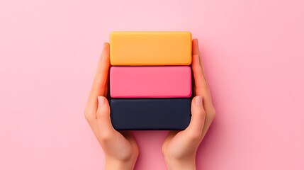 Hands Holding Stacked Colorful Soap Bars on Pink Background