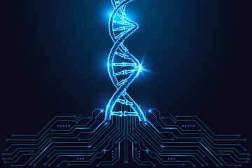 Biotechnology, digital DNA analysis concept with glowing helix and circuit board vector illustration © Inna