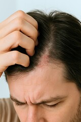 Man Scratching Itchy Scalp with Seborrheic Dermatitis Close-Up