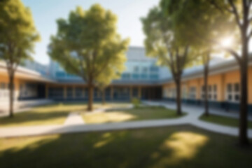 blurry school yard, school with many trees around the yard, sunlight shines on the yard, sunny weather blurry background