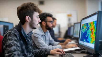 A group of students concentrating on their computer work in a modern lab setting, showcasing the importance of technology in education and collaboration among peers. - Powered by Adobe