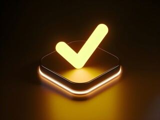 Glowing yellow check mark icon on a dark, illuminated base with soft lighting. Modern 3D design perfect for UI, success, confirmation, or approved task concepts in digital applications.