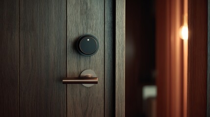 Modern Dark Wood Door with Sleek Digital Keypad and Minimalist Bronze Handle Interior Design Home Security Smart Lock System Apartment Room Access    