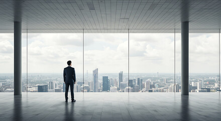 Fototapeta premium Businessman Looking at City Skyline from Modern Office