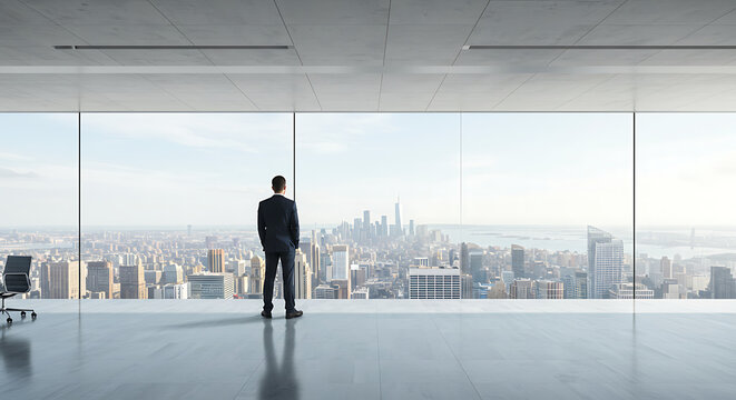 Businessman Contemplating Cityscape from Modern Office