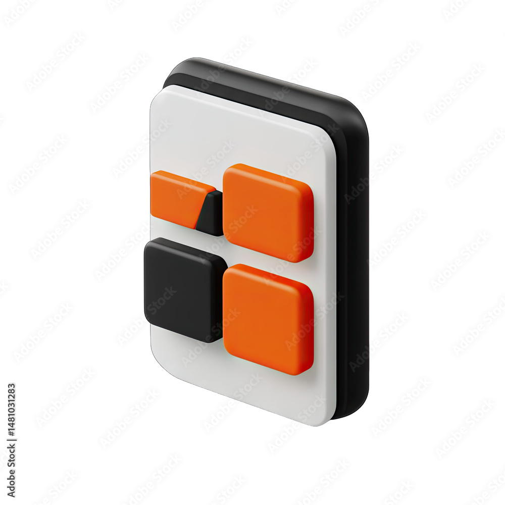 Poster 3d icon with orange and black squares inside a white square with black border on a transparent backg