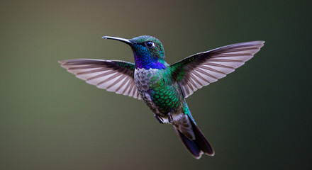 Obraz premium Vibrant hummingbird with green and blue feathers in flight. 