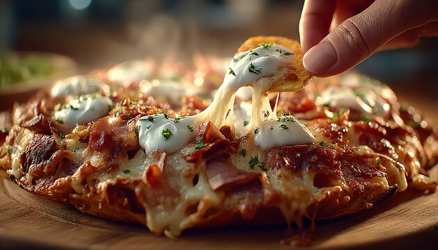 Nacho pizza with bacon and sour cream, melted cheese and hand lifting a slice .Generated with AI