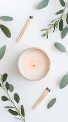 Lit Candle with Eucalyptus Greenery and Matches on White Background