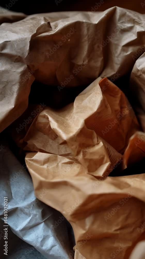 Poster close-up of wrinkled brown and gray paper sheets texture, creating abstract patterns and shades in s