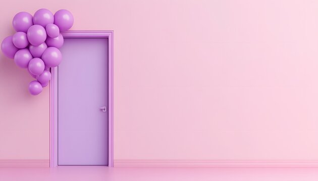 A  vibrant  interior  featuring  a  lilac  door  and  balloons.