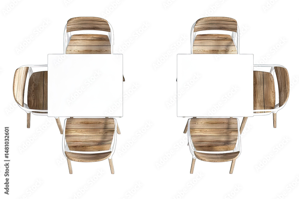Aufkleber top view of two empty white square tables with wooden chairs on a transparent background