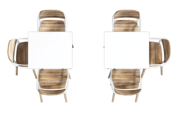 Top View Of Two Empty White Square Tables With Wooden Chairs On A Transparent Background