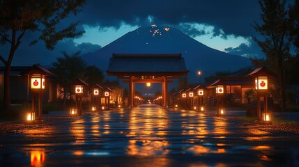 Fototapeta premium A serene path leads to a traditional Japanese gate, illuminated by lanterns, with Mt. Fuji in the background