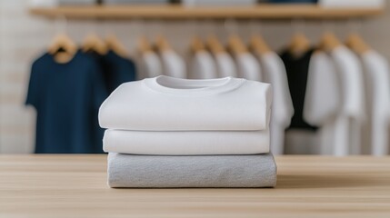Stylish White and Gray Folded Clothes in a Modern Retail Setting