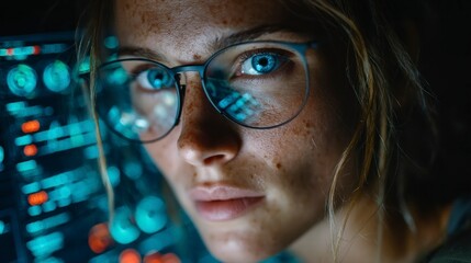 Focused Individual with Glasses Analyzing Data on a Screen Reflecting Concentration and Techno